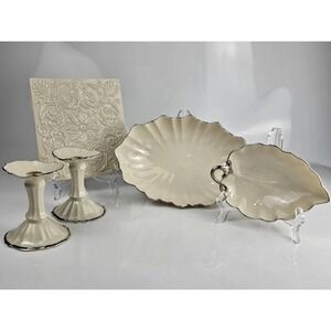 Collection of 5 Lenox Ivory Platinum Candlesticks Trivet Candy & Scallop Dishes
